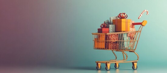 Shopping cart with gifts on blue background. 3d illustration.