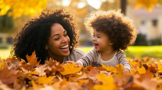 Mother and child laughing together in autumn leaves - Powered by Adobe