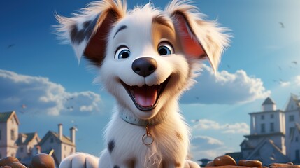 3d cartoon happy puppy with sky blue background