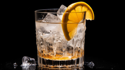 Lamonade in a clear glass with ice isolated on black background.