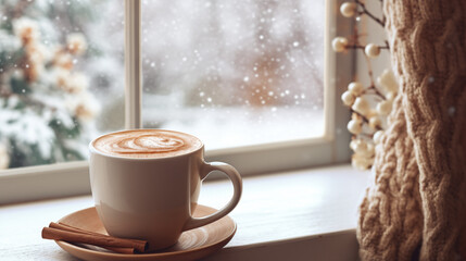 Hot cocoa in a mug by the window, Outside the view is snowing.