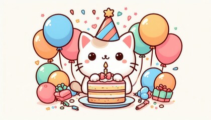 A cute, festive illustration featuring a birthday cat with a cake, balloons, and gifts, perfect for children's party invitations and celebrations.