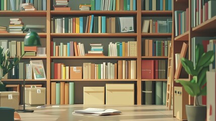 A cozy reading nook featuring a well-organized bookshelf filled with colorful books, a desk, and decorative plants.