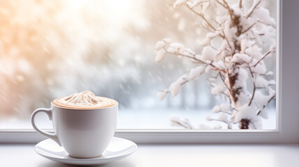 Hot cocoa in a glass on a table by the window during a snowfall.