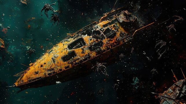 A derelict spaceship floats amidst cosmic debris, showcasing a haunting beauty in the depths of space.