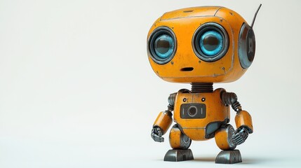 A cute, small orange robot with blue eyes and a friendly expression.