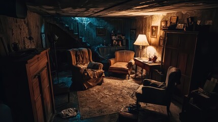 Fototapeta premium A dimly lit, vintage living room with old furniture, creating a mysterious and nostalgic atmosphere.