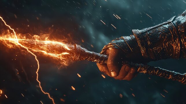 A dramatic close-up of a hand gripping a glowing spear with lightning, capturing an epic fantasy moment in vivid detail.