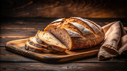Freshly baked sourdough bread on wooden surface with dark table sheet
