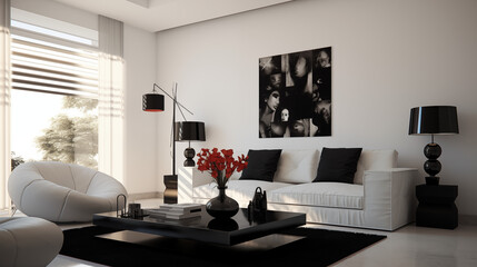 Modern living room black and white tone decoratation.