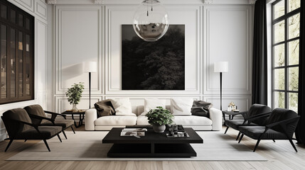The living room has white walls and features a black coffee table set.
