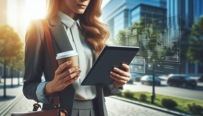 A professional woman in a business suit checks her tablet while holding a coffee cup, set against a modern cityscape, symbolizing productivity and digital innovation.