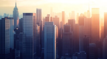 A panoramic view of a modern cityscape at sunset with tall buildings and skyscrapers in the background.