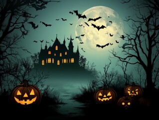 A spooky Halloween card design with bats flying across a full moon, a haunted house in the distance, and glowing pumpkins lighting the way.