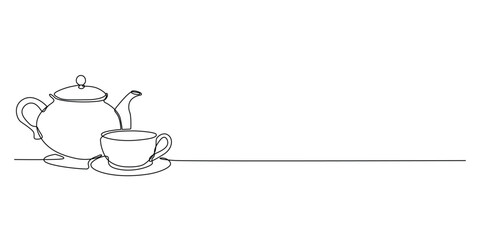 one continuous line drawing of a teapot and a cup of tea.one line drawing of a teapot.tea serving guest dishes,cafe,health tea.single line vector illustration.isolated white background