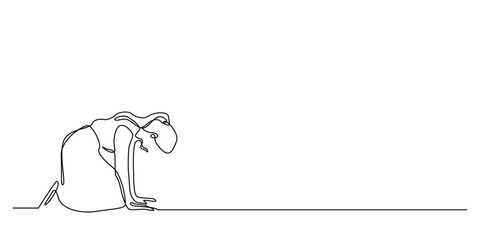 one continuous line drawing of a woman bowing and sad. one line drawing of a woman prostrating listlessly and crying. unhappy heart condition. isolated on white background