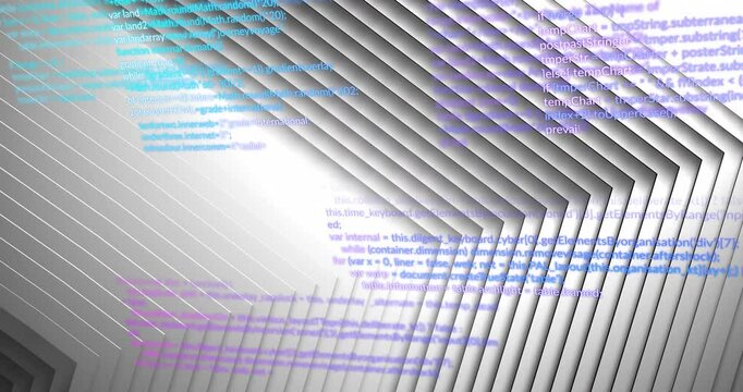 Animation of data processing over black and grey concentric chevrons on white background