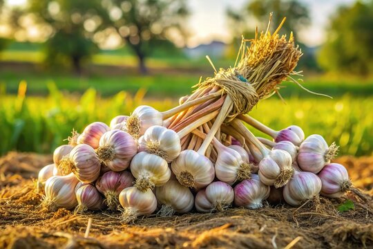 Freshly harvested garlic bulbs in a pile with shallow depth of field