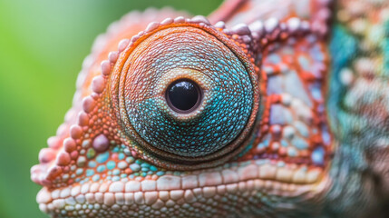 Fototapeta premium A close-up photo shows the eye of a chameleon, a colorful lizard from Madagascar. The picture highlights its unique scales and makes it look like an exotic pet.