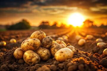 Freshly harvested potatoes on soil during golden sunset with shallow depth of field and reflection