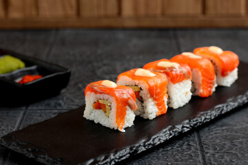 Uramaki sushi. Perfect for recipe, article, catalogue, or any commercial purposes.