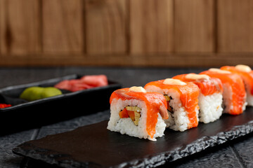 Uramaki sushi. Perfect for recipe, article, catalogue, or any commercial purposes.
