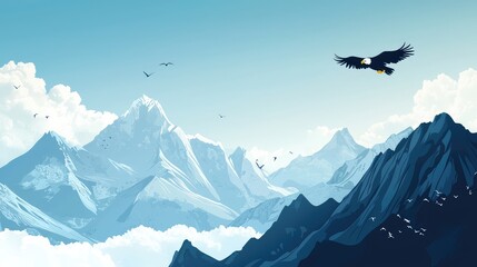 A majestic eagle soars over stunning mountain peaks, capturing the beauty of nature's tranquility and vast landscape.