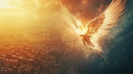 A majestic phoenix soaring over a city, with radiant feathers glowing in the sunset, symbolizing rebirth and transformation.