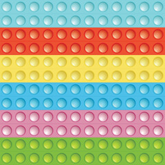 Seamless pattern with trendy game pop it, simple dimple. Rainbow fidget toy. Colorful antistress background. Doodle style. Bubbles popping square shape