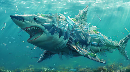 Fototapeta premium A shark swimming through ocean waters surrounded by plastic waste showcases the impact of pollution on marine life