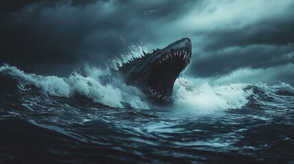 Fototapeta premium A menacing creature emerges from turbulent waters under a stormy sky, showcasing nature's wild and fierce beauty.