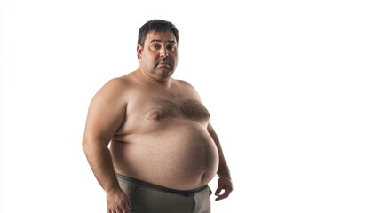 Naklejka premium A middle-aged man stands confidently, showcasing body positivity and self-acceptance against a plain background.