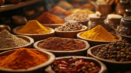 A variety of spices are displayed in wooden bowls on a table.