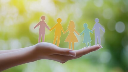 Human hand holding paper people of different nations and faiths, who hold hands, symbolizing unity tradition family