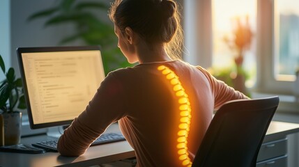 A office woman with bad posture with a curved spine and sitting at her desk working on laptop. Skleos and spinal problems, chronic lardoz