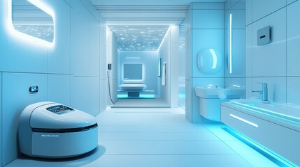 A modern, futuristic bathroom interior with sleek designs and vibrant blue lighting, offering a clean and inviting atmosphere.