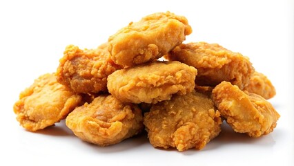 Fried chicken nuggets at a tilted angle on white background