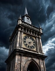 old town clock tower, gothic clock tower with intricate stonework under a dramatic sky