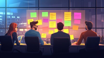 Obraz premium Four people at a desk, brainstorming with sticky notes.