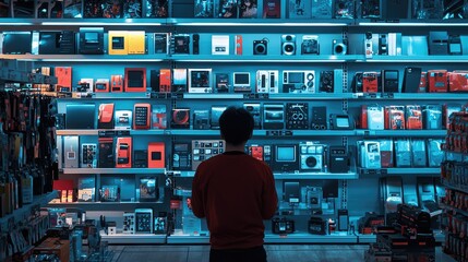 A person stands in front of an illuminated display of various electronic devices, contemplating choices in a tech store.