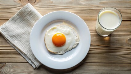 fried egg on white plate with glass of milk, high angle view
