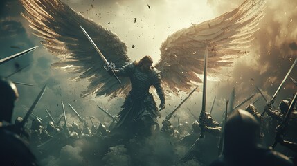 A powerful angel with majestic wings stands ready for battle amidst a fierce scene of warriors and swords, embodying strength and courage.