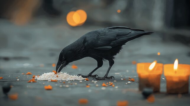 Black Raven Feeding Near Candles and Rice