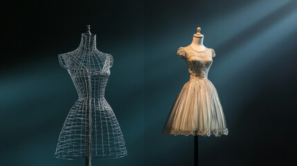 A fashionable wire dress form and an old-fashioned mannequin.
