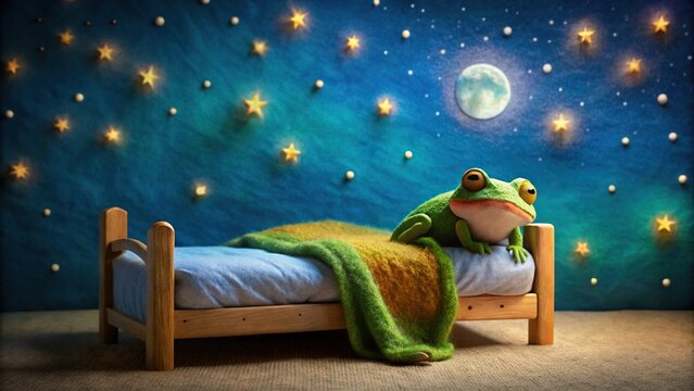 Frog sleeping in bedroom with night sky decoration