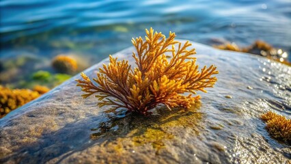 Frond of brown kelp Ecklonia radiata on rock covered with algae