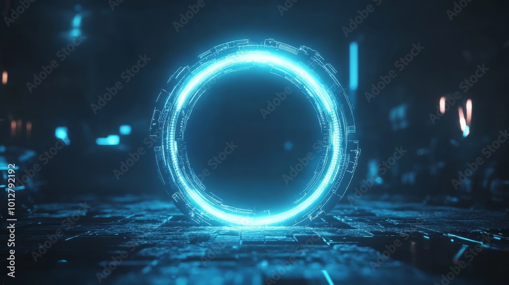 Aufkleber A glowing blue circular portal surrounded by a digital landscape, creating a futuristic and mystical atmosphere.