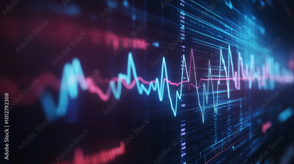 Aufkleber A vibrant digital visualization of a heartbeat waveform, displaying data patterns with glowing blue and red lines against a dark background.