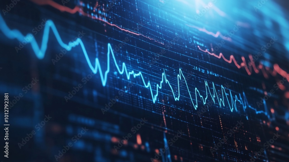 Leinwandbilder a vibrant digital visualization displaying fluctuating data lines in blue and red, representing stat
