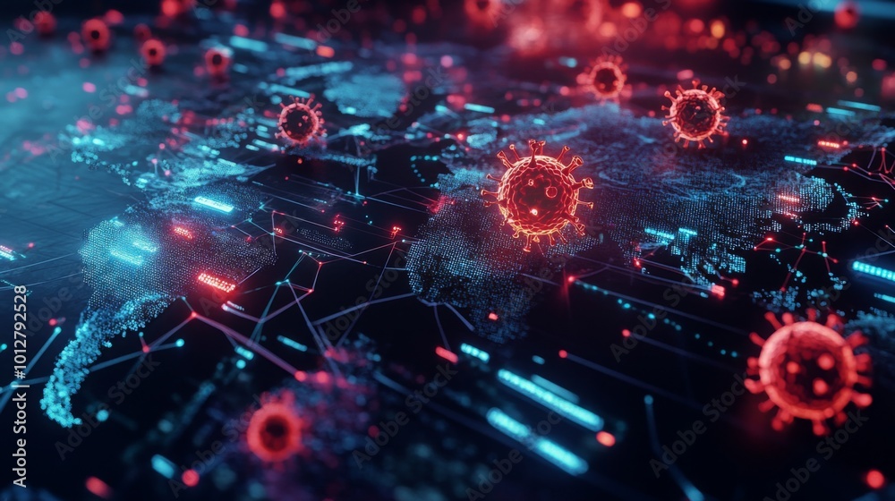 Poster a digital illustration depicting a connected network with glowing red virus-like structures, symboli